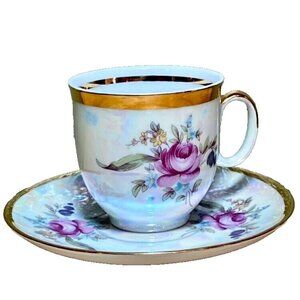 Bone China Iredescent Pearly Lustre Pink Floral Tea Cup & Saucer Set GT Rare HTF